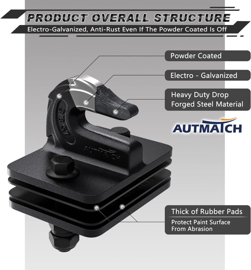 AUTMATCH Tractor Bucket Grab Hook 3/8" (2 Pack) - Bolt On Grab Hook Tow Hook Mount with Backer Plate and Rubber Pad, Grade 70 Forged Steel Max 18,000Lbs Work for Loader, Tractor Bucket, Frosted Black - Image 3